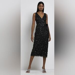 River Island Black Sequin Wrap Midi Dress NWT size 14
